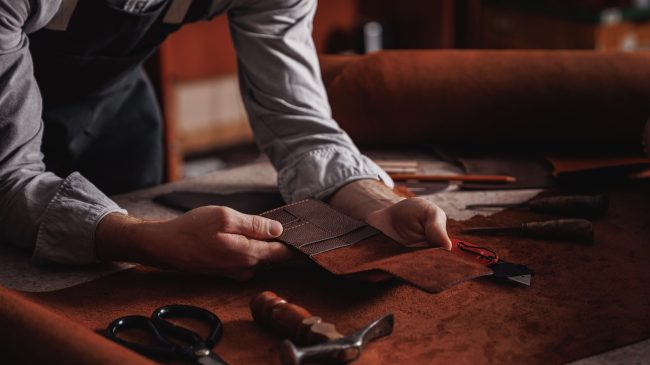 Handicraft,Production,,Craft,Man,Tailor,Checks,Handmade,Brown,Leather,Product.