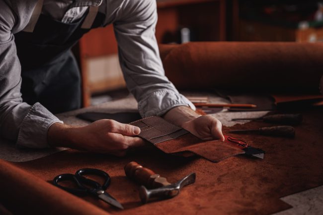 Handicraft,Production,,Craft,Man,Tailor,Checks,Handmade,Brown,Leather,Product.